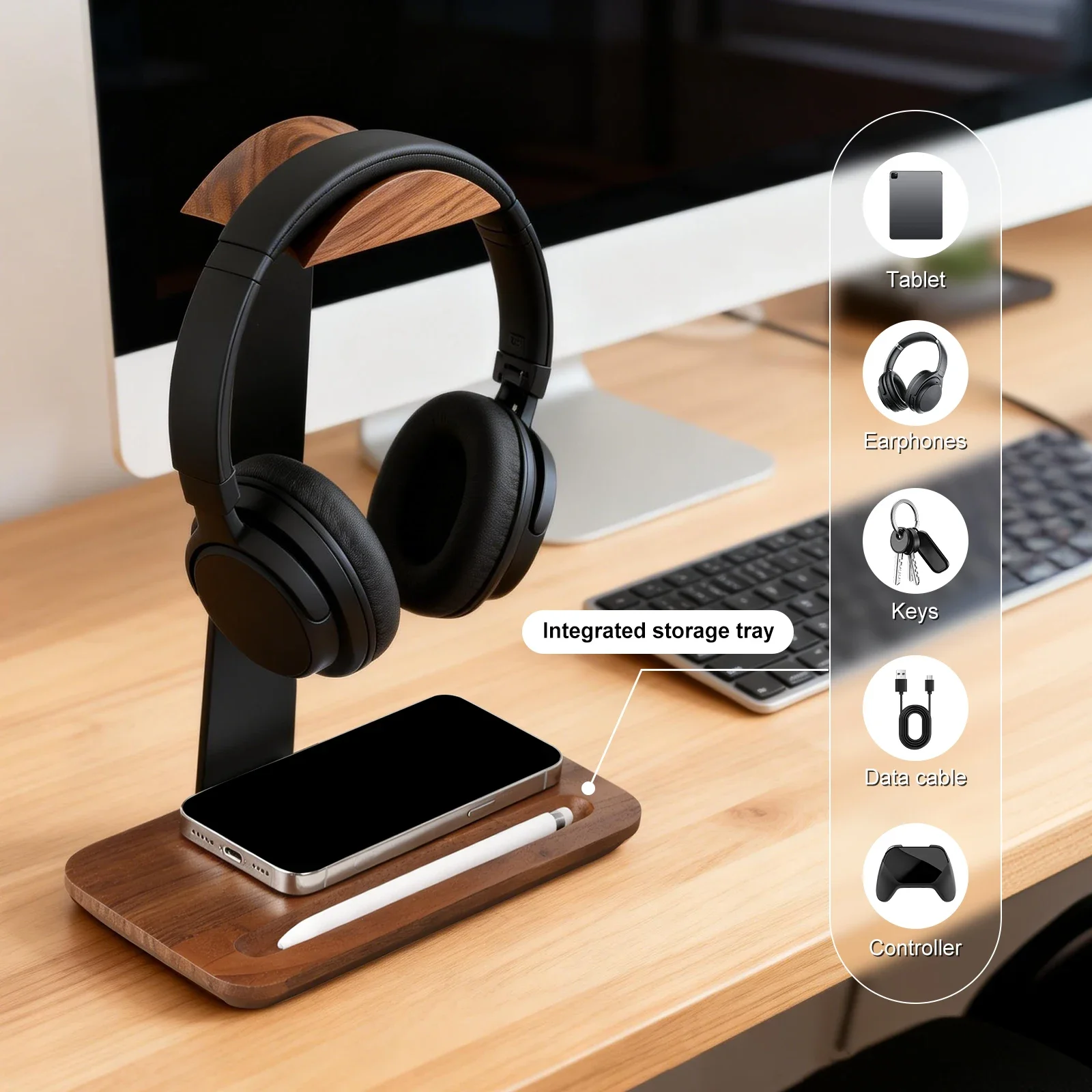 حامل سماعات رأس خشبي عالمي مع  - مراجعة Gaming Accessories Setup وسعره